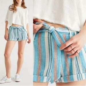 NEW Free People Barbados Bloom striped belted shorts cuffed hem gauze cotton 6